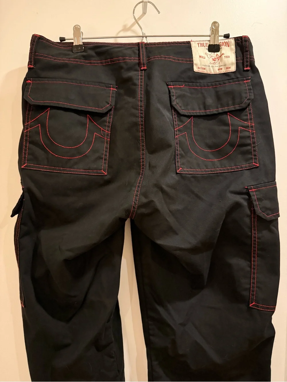 True Religion Black Cargo Pants with Red Contrast Stitching 32x30